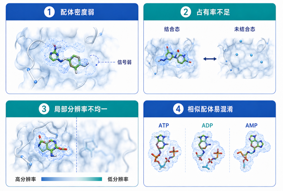 小分子配体密度解释中的常见难点