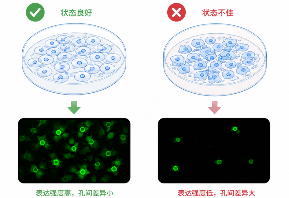 细胞状态对转染结果的影响对比图