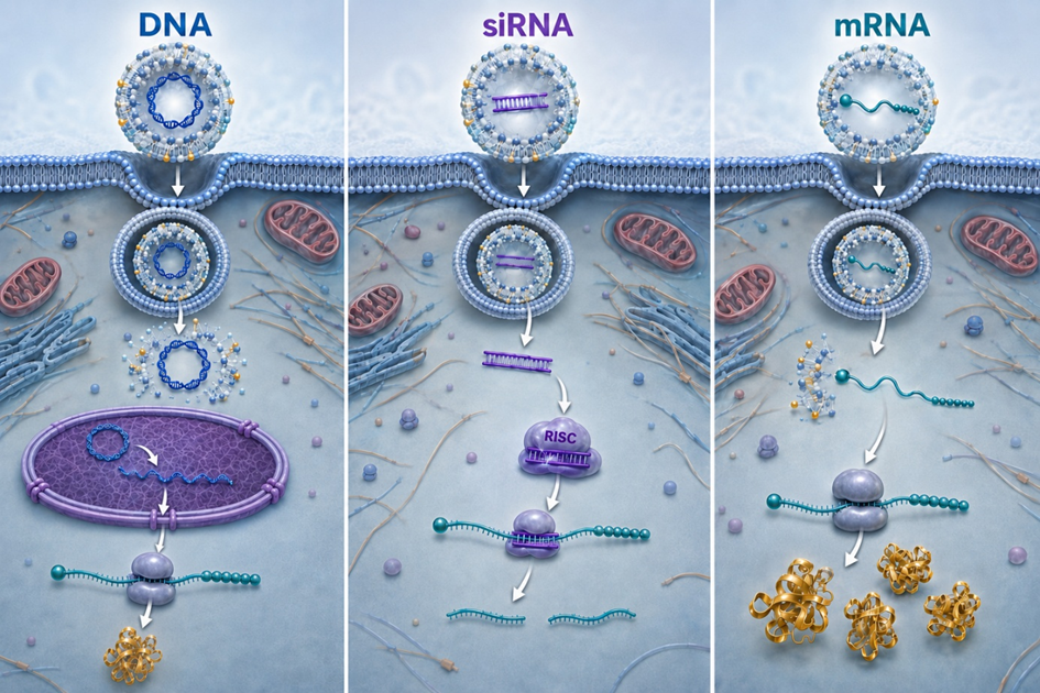 质粒DNA、siRNA和mRNA的递送及胞内作用过程示意图