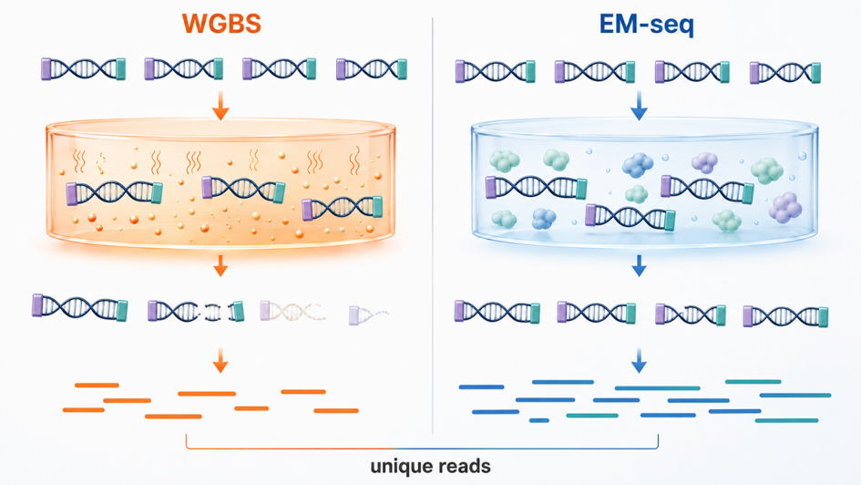 常规WGBS与EM-seq转换过程中DNA模板保留情况示意图