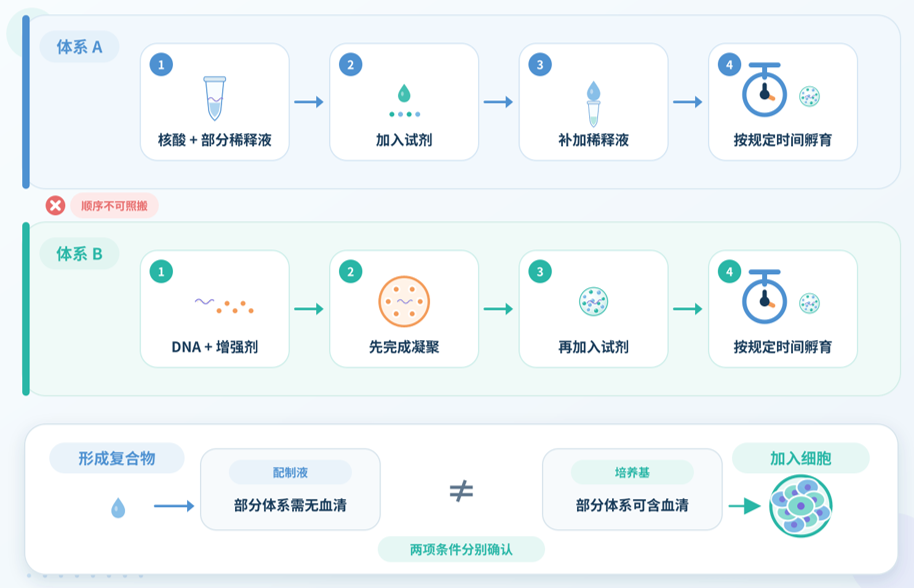 不同转染体系的混合路径及配制条件示意图