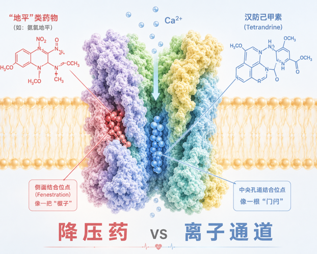 降压药与离子通道作用机制示意图