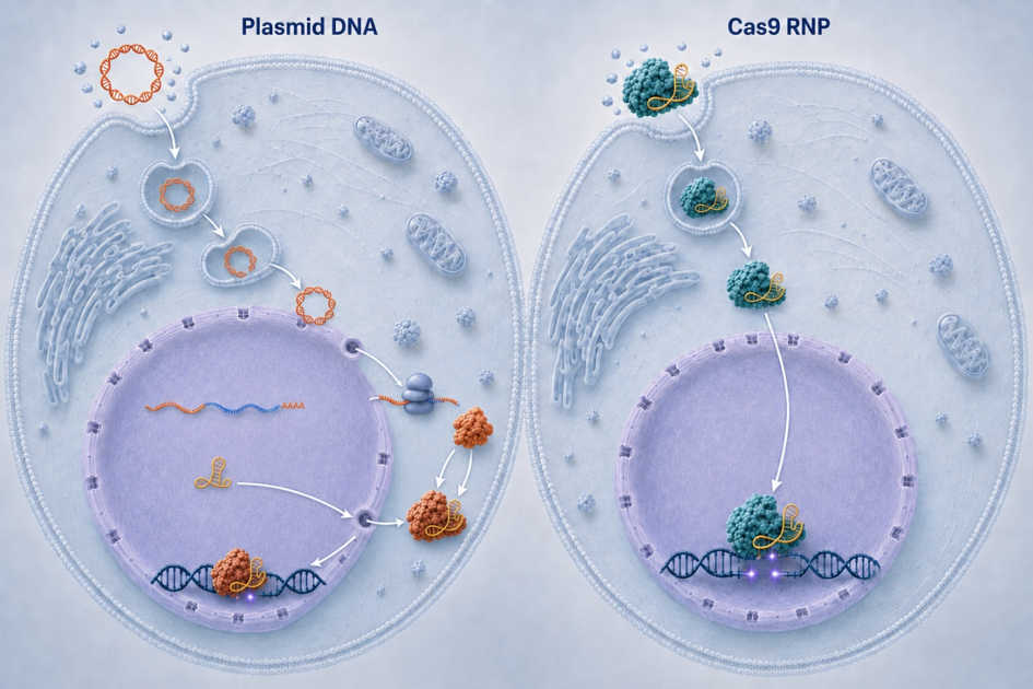 质粒DNA与Cas9 RNP形成基因编辑复合物的路径对比
