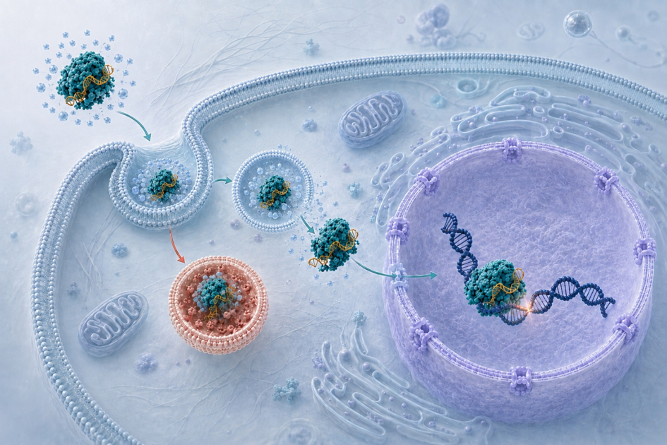Cas9 RNP经细胞摄取、内体释放及核内编辑的递送过程