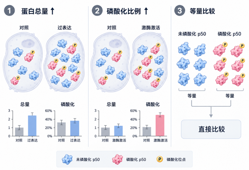 蛋白总量变化、磷酸化比例变化与等量比较示意图